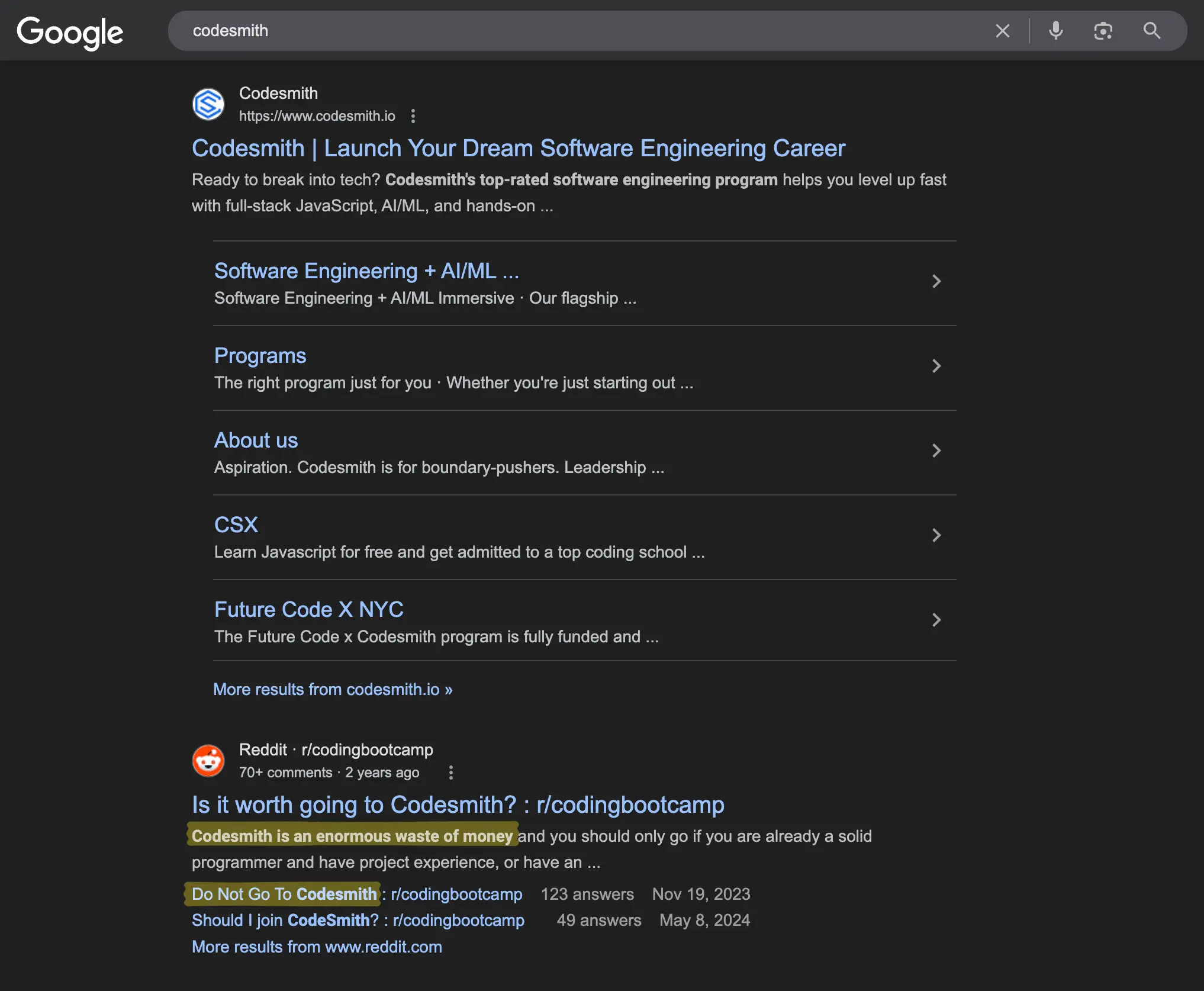 Reddit에서 CodeSmith에 대한 부정적 댓글이 반복적으로 게시된 예시